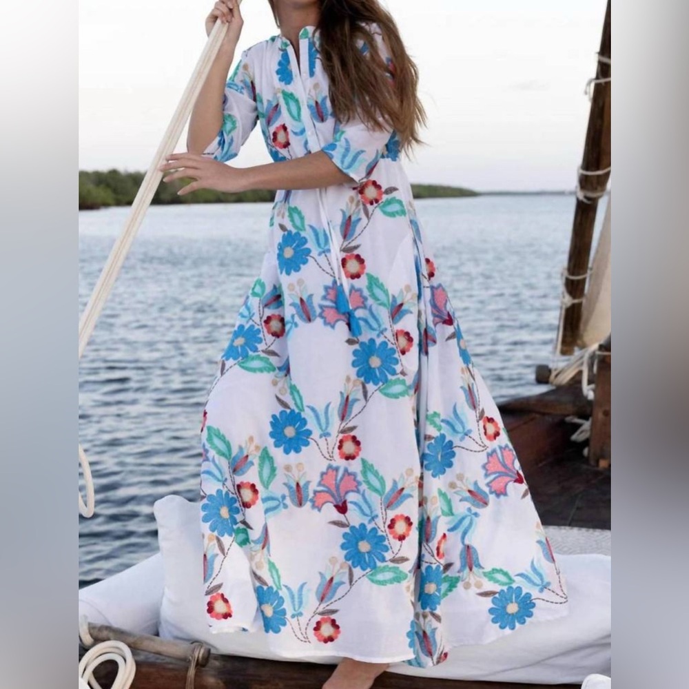 NWT Oliphant Cinched Shirt Embroidered Floral Maxi Dress - Monet Multi - Size M